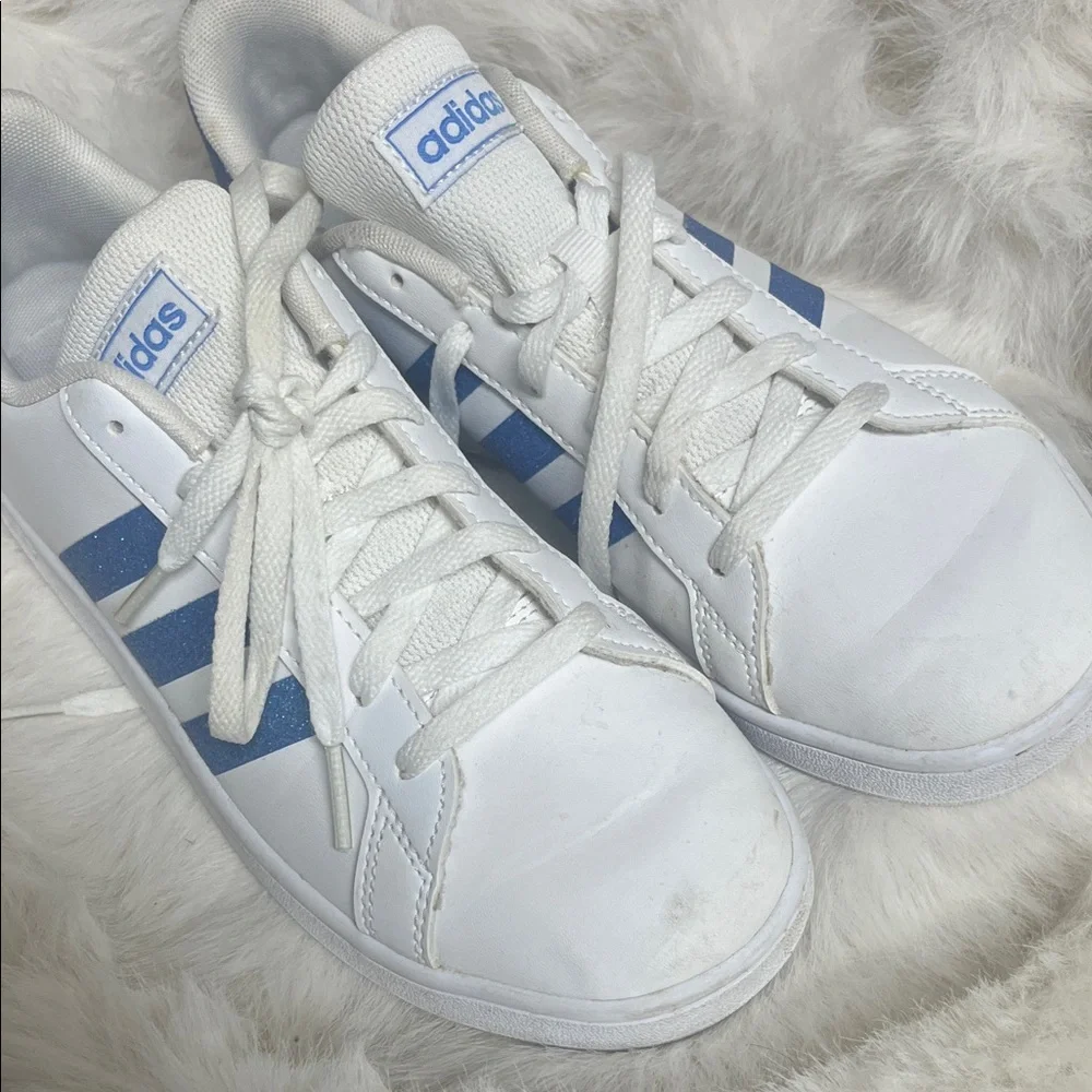 adidas Kids White Sneakers with Blue Glitter Stripes - Picture 4 of 5